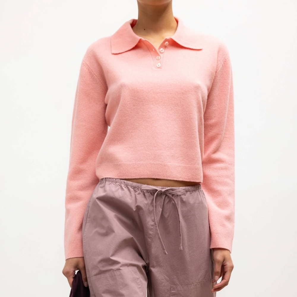 Leset Pink 100% Lambswool Long Sleeve Collared Jesse Polo Henley Sweater XS
